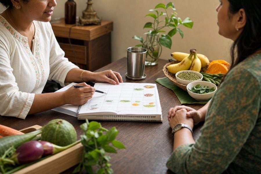 Dietitian and client reviewing a written meal chart at a table set with fresh vegetables and fruit