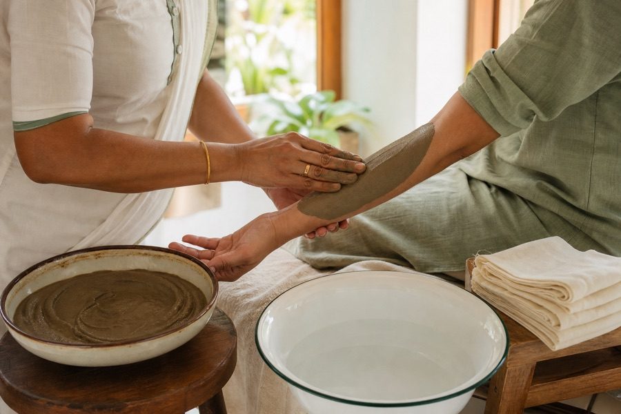 Therapist smoothing therapeutic mud along a seated client's forearm beside bowls of mud and water