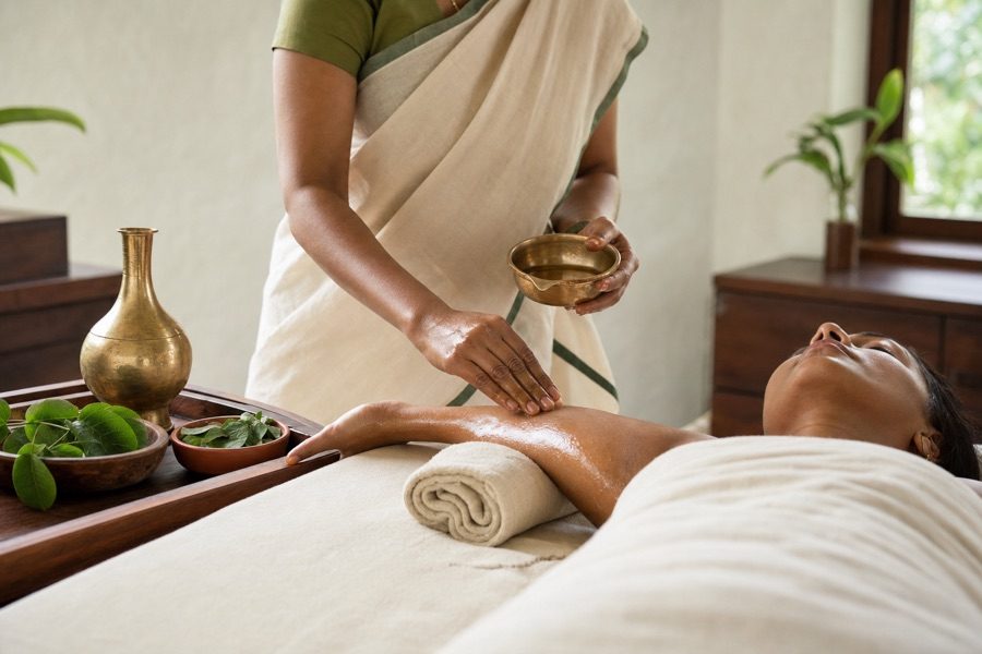 Therapist in a Kerala sari pouring warm oil from a brass bowl over a woman's back on a treatment couch