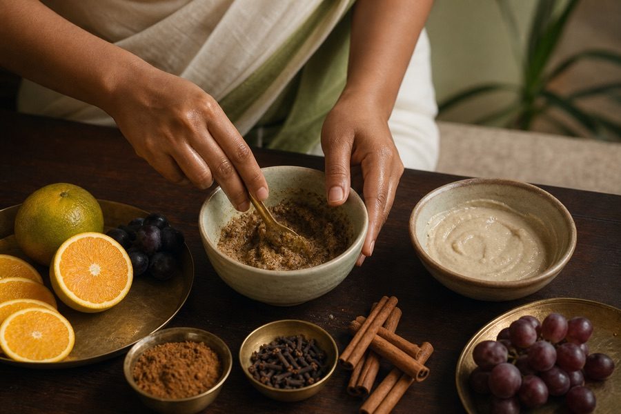 Hands mixing a spice scrub in a bowl beside cinnamon, cloves, oranges and grapes