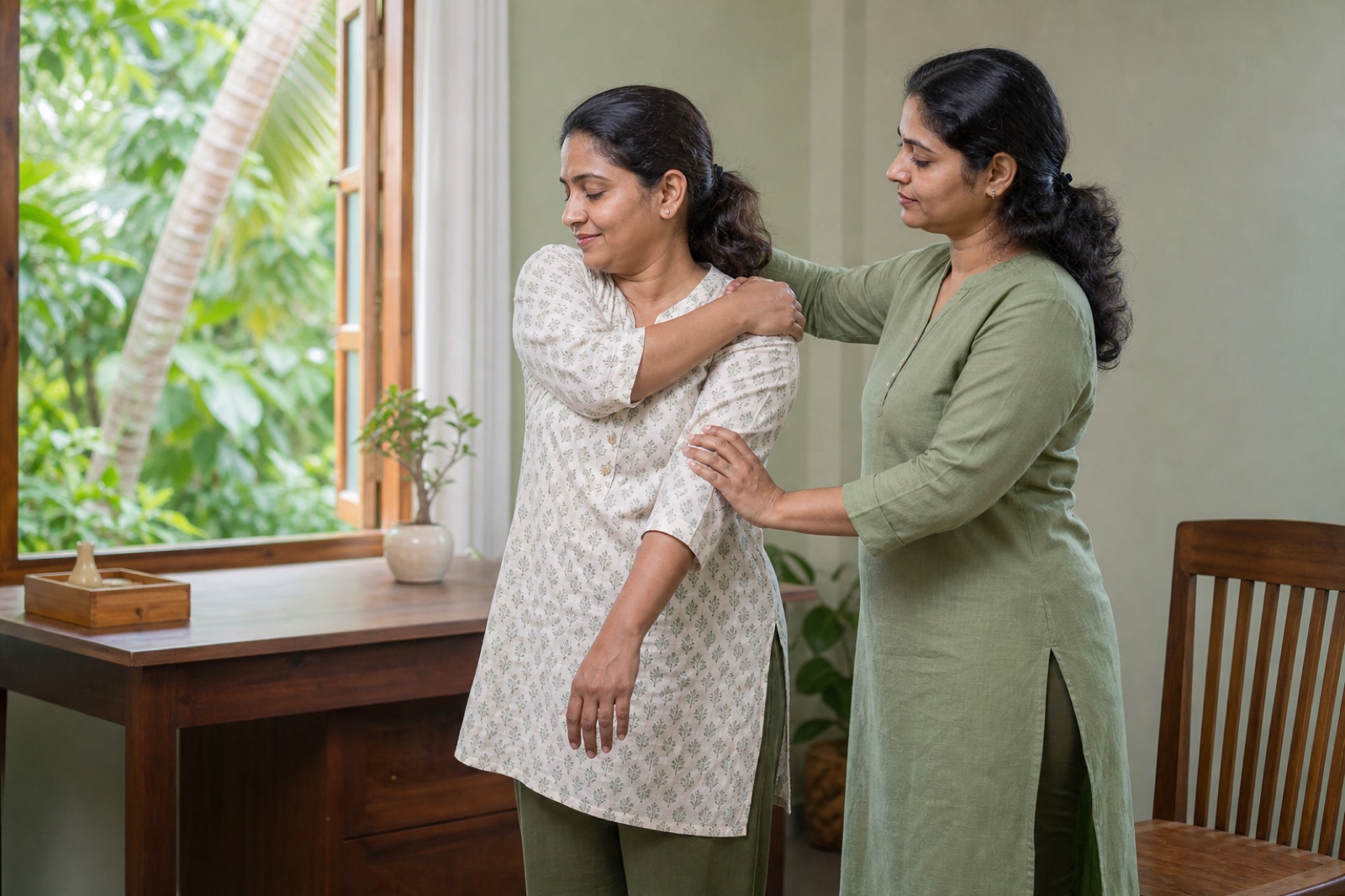 Yoga clinician guiding a woman through a gentle standing shoulder and upper-back movement