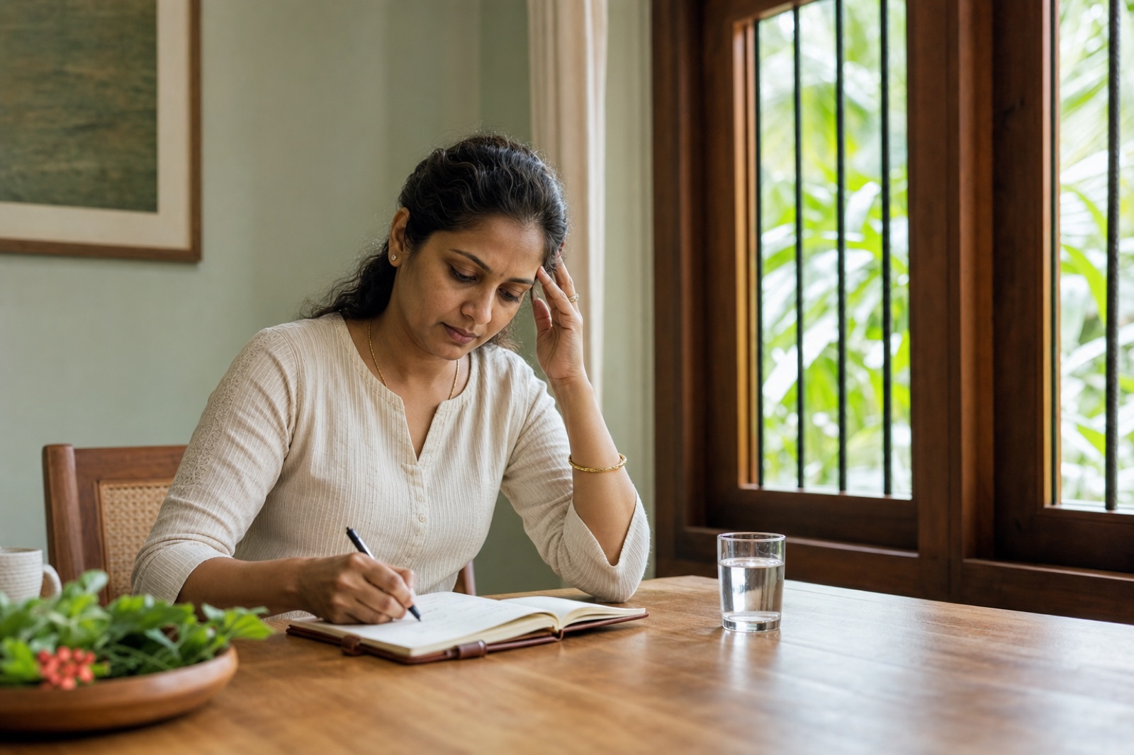 Woman noting a familiar headache pattern in a diary with water nearby