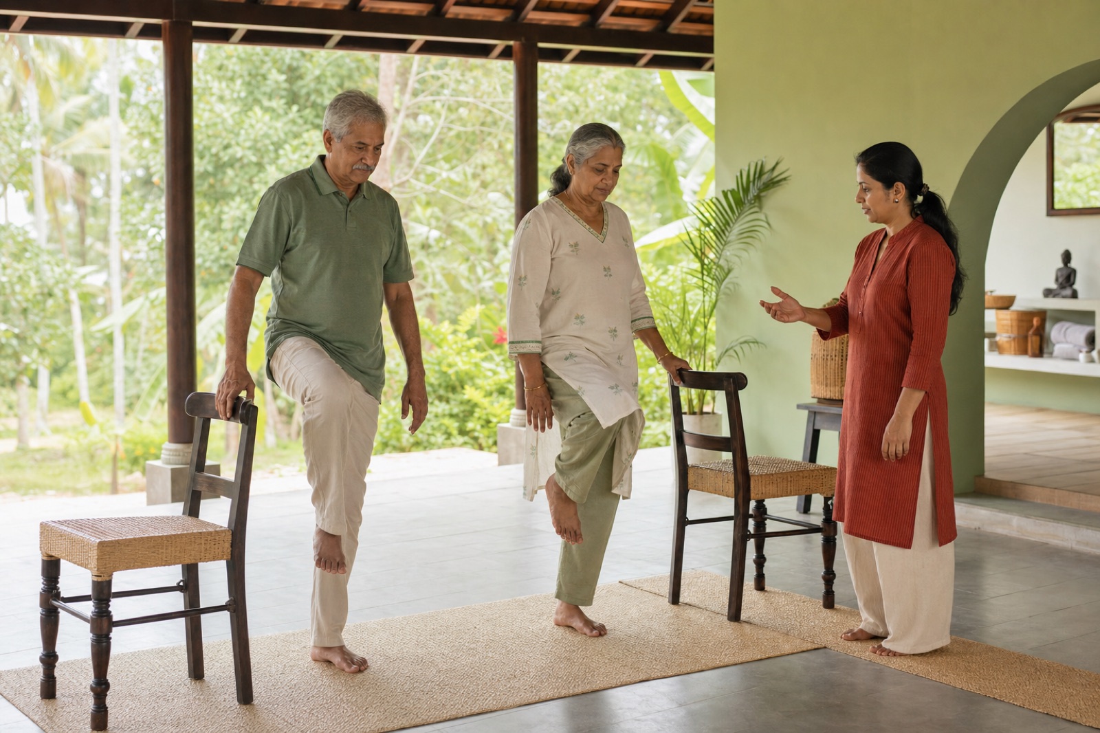 Older Indian couple practising supported balance with a yoga teacher on a Kerala veranda