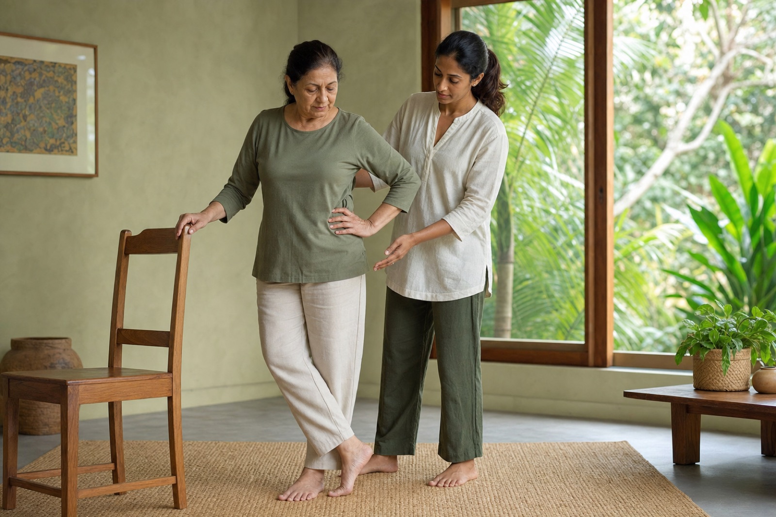 Older woman practising a chair-supported balance movement with a yoga teacher