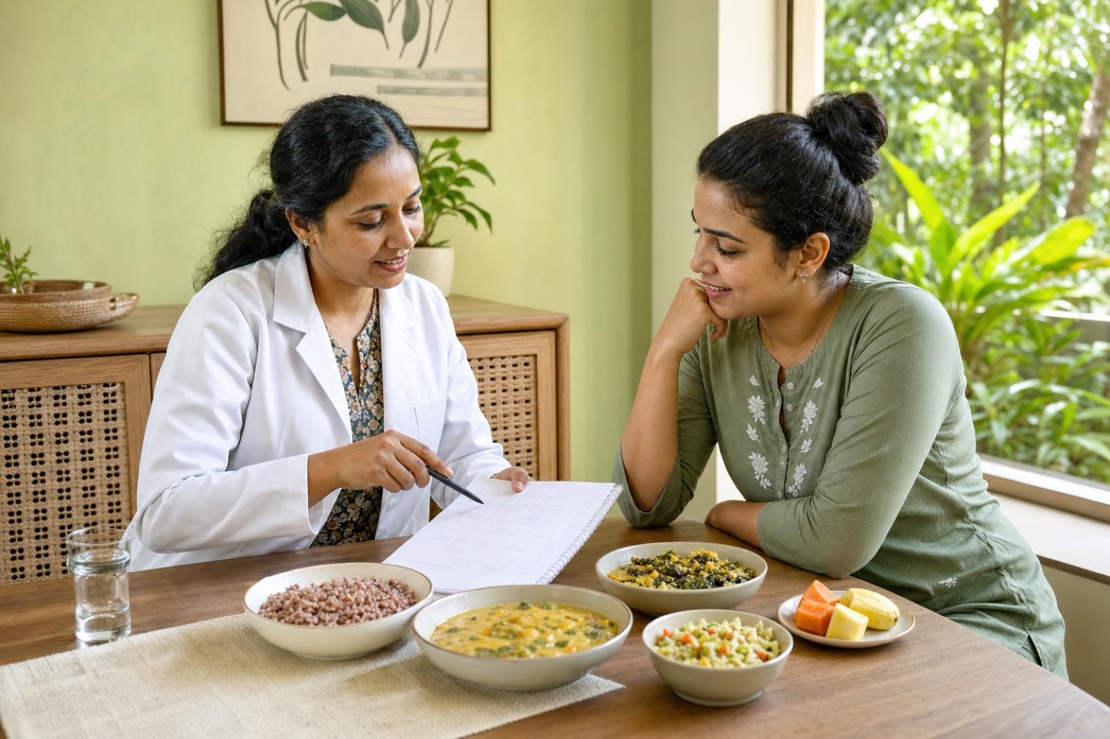 Clinician and client reviewing a meal routine beside a balanced Kerala-style meal