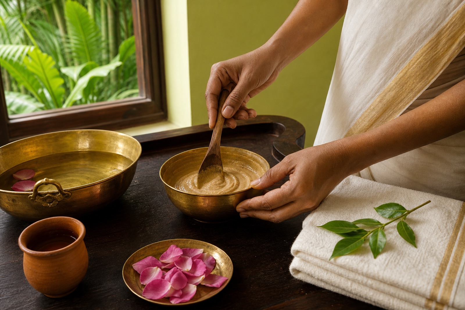 Therapist mixing a traditional body-care paste in a brass bowl beside clean Kerala towels