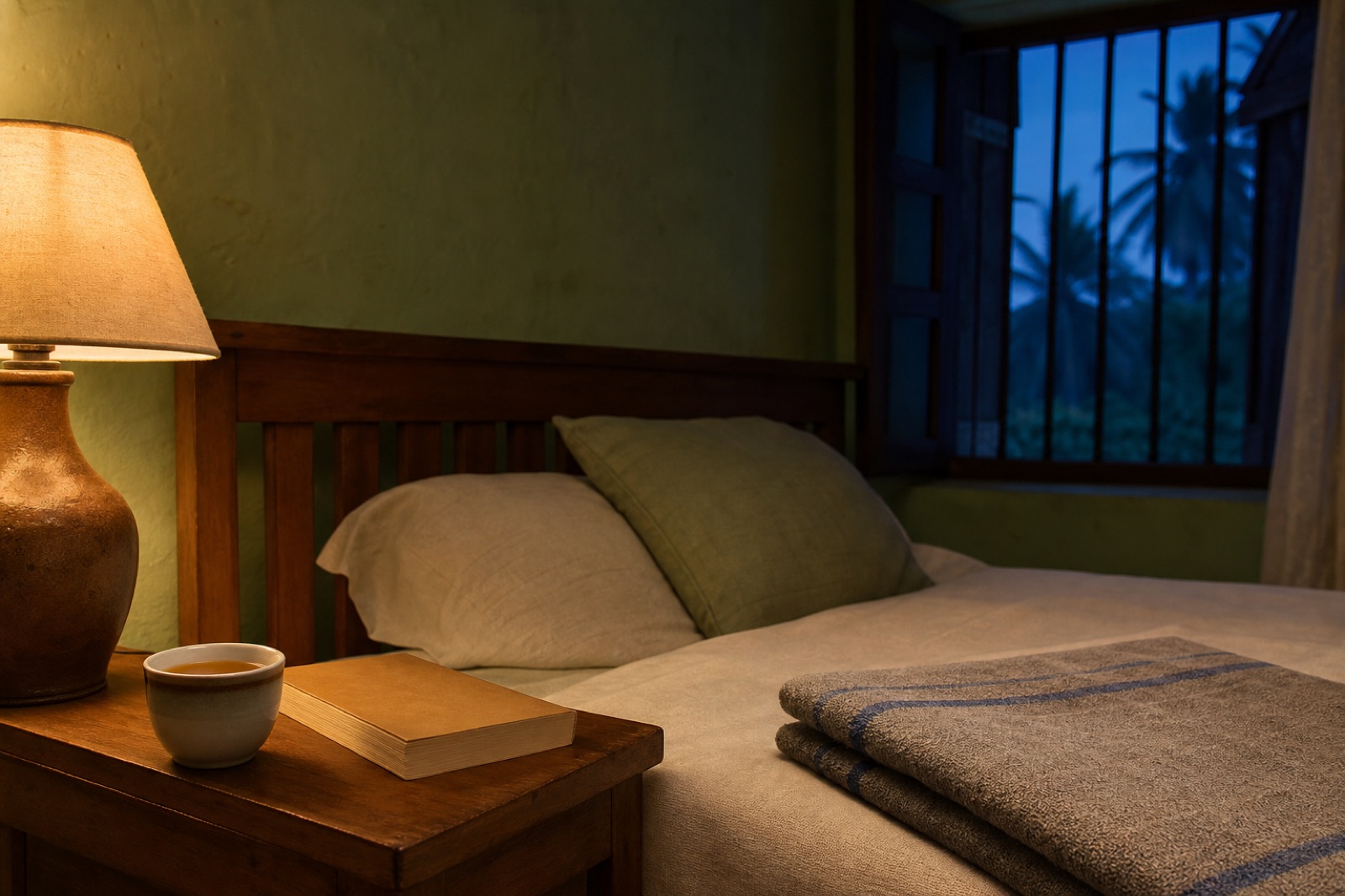 A simple Kerala bedroom prepared for rest with a warm lamp, book and herbal infusion