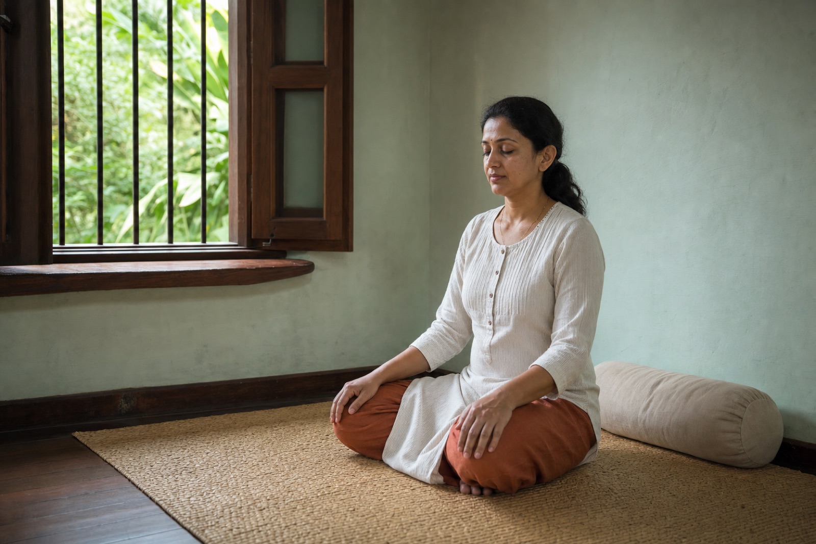 Woman practising quiet seated breathing beside a teak window in a calm Kerala room