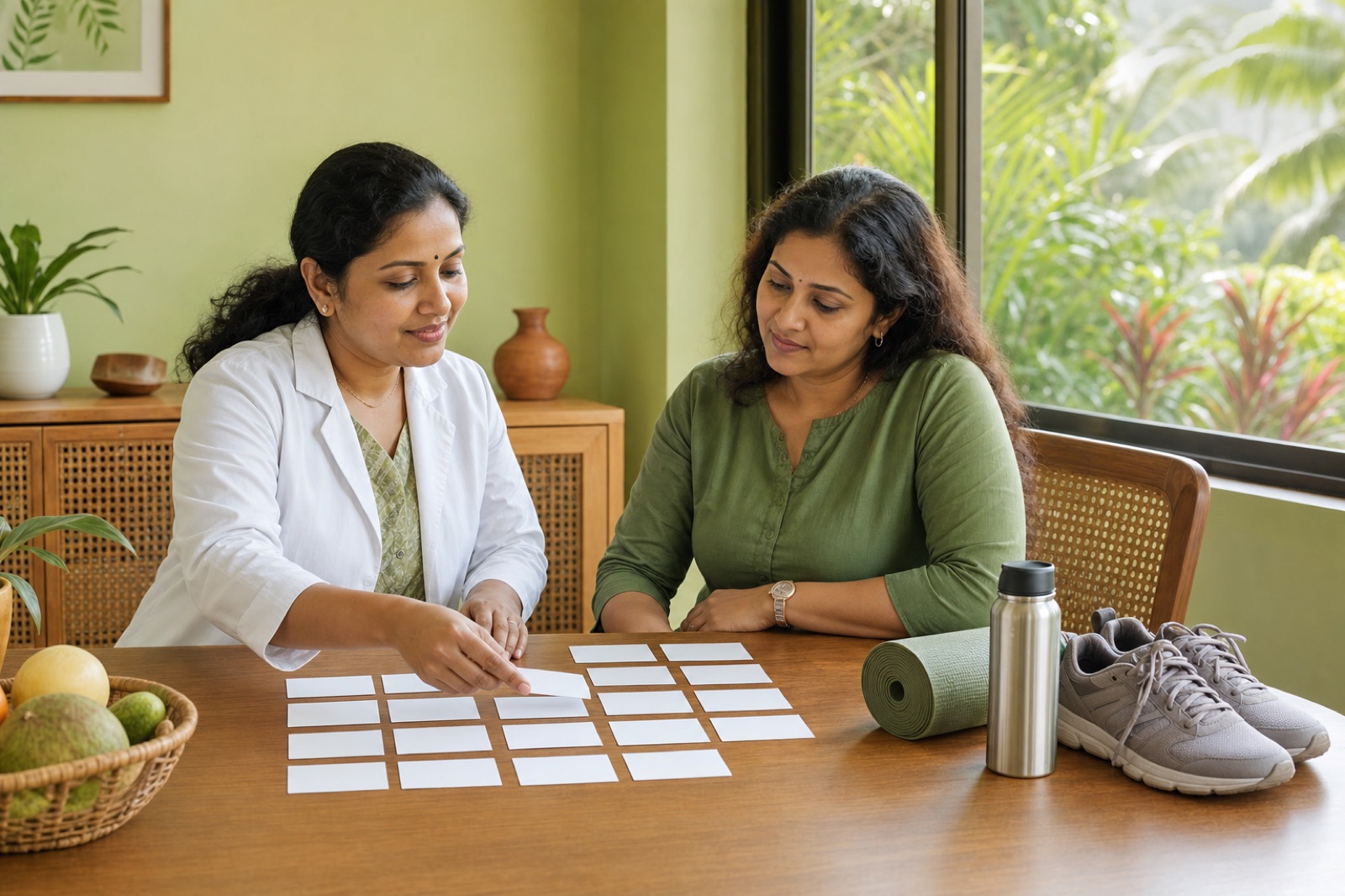 Clinician and client planning meals, walking, rest and yoga with simple blank cards
