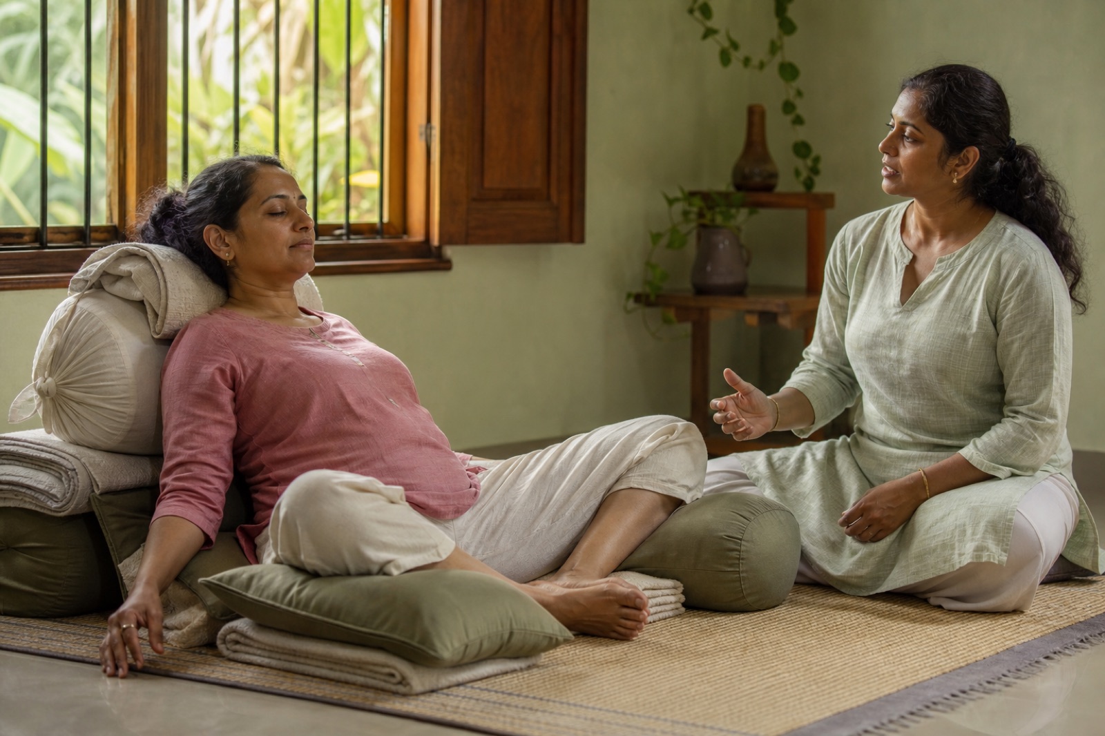 Woman in a supported restorative yoga position with a female teacher nearby