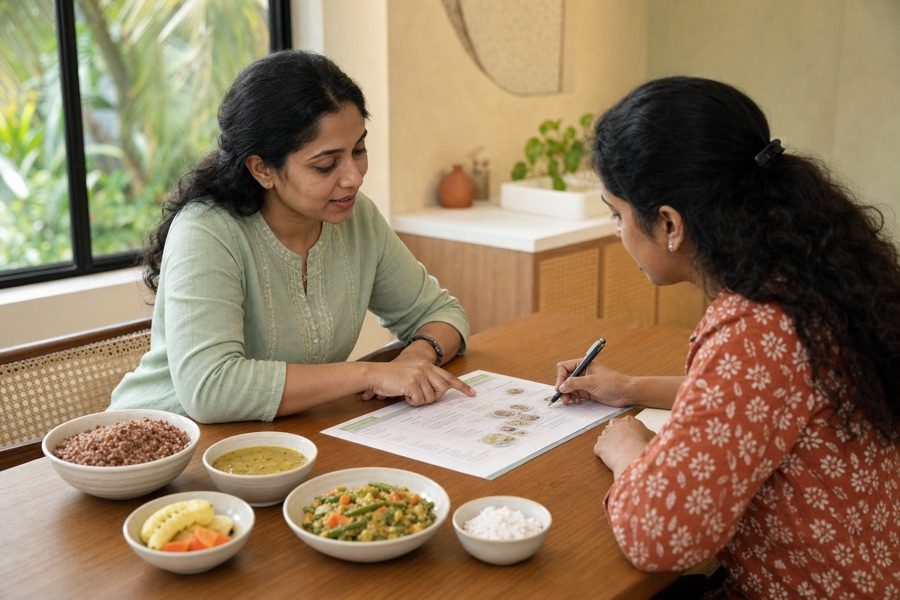 Dietitian and client going through a printed diet chart beside bowls of red rice, dal and vegetables