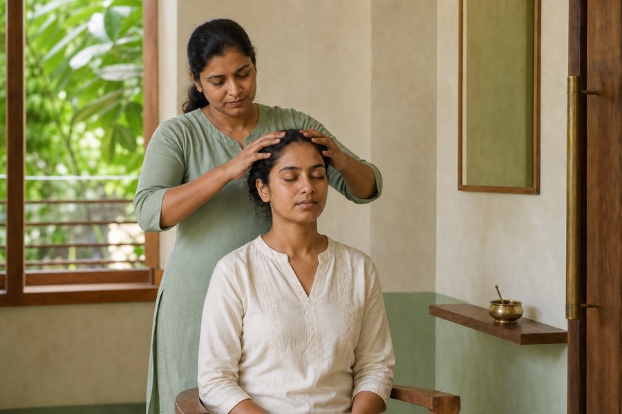 Therapist massaging a seated woman's scalp with both hands clearly placed on her head