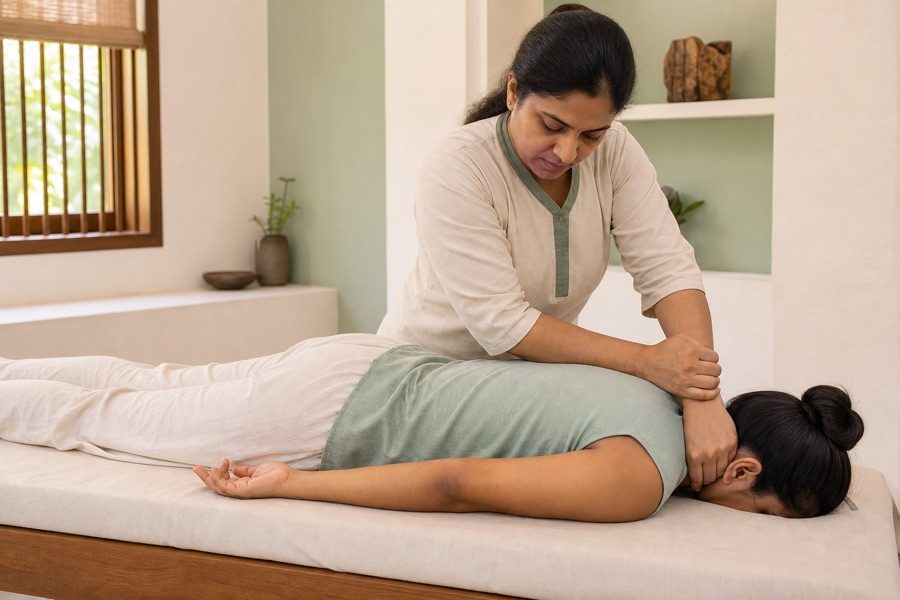 Therapist using a forearm to apply sustained pressure across a client's upper back