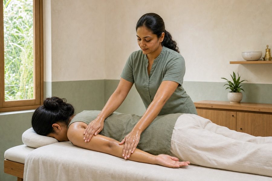 Therapist gliding both hands along a draped woman's back and arm during a Swedish massage