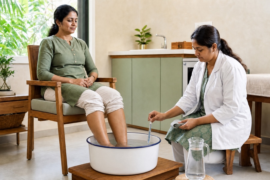 Clinician checking the foot-bath water with a thermometer while a seated client soaks both feet