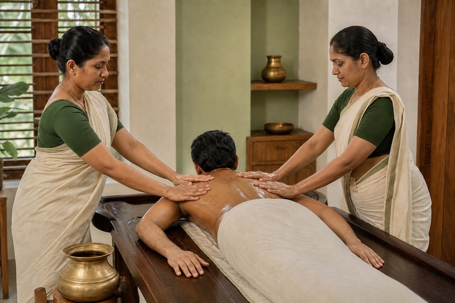 Two therapists massaging a man's oiled back with all hands clearly placed on the treatment area