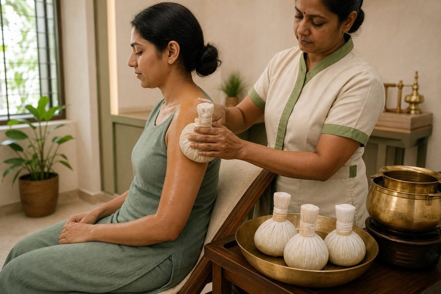 Therapist pressing a warm rice bolus against a seated woman's shoulder, with more boluses on a brass tray