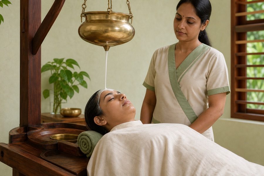 A pale stream of medicated buttermilk pouring from a brass vessel across a reclining woman's forehead