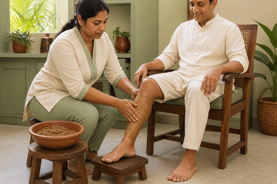 Therapist working dry herbal powder up a seated man's supported lower leg beside a bowl of the powder