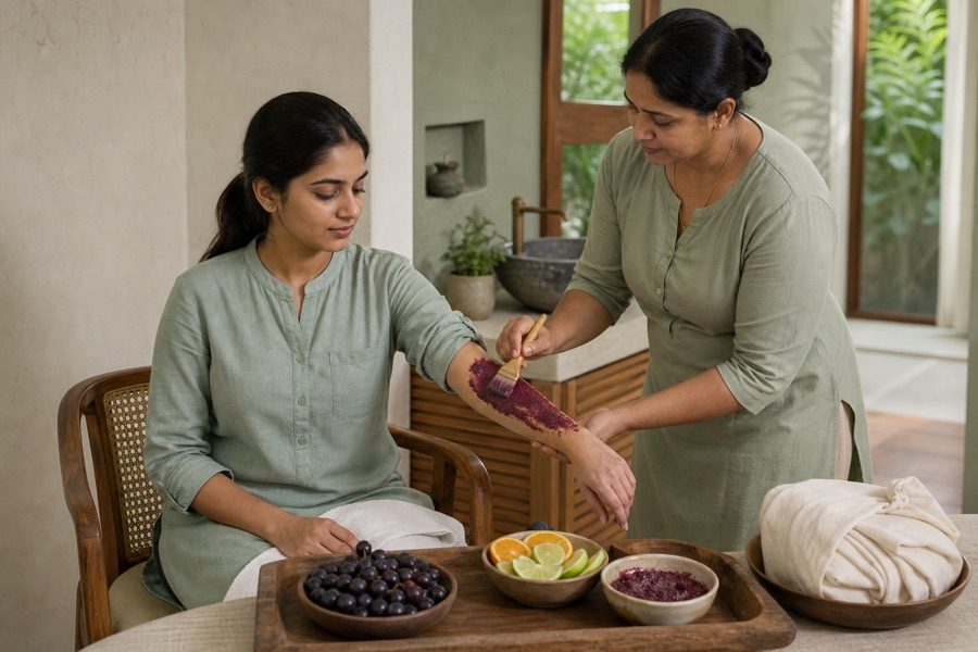 Therapist brushing purple grape pulp along a seated woman's forearm beside bowls of grapes and citrus