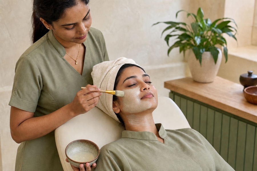 Therapist applying a pale facial mask with a brush while holding the treatment bowl