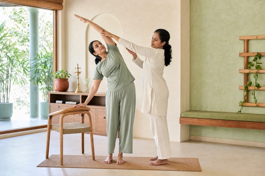 Yoga teacher guiding a student through a standing side bend, using a chair for support